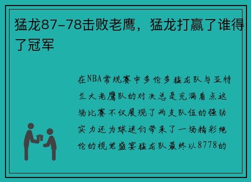 猛龙87-78击败老鹰，猛龙打赢了谁得了冠军