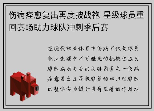 伤病痊愈复出再度披战袍 星级球员重回赛场助力球队冲刺季后赛