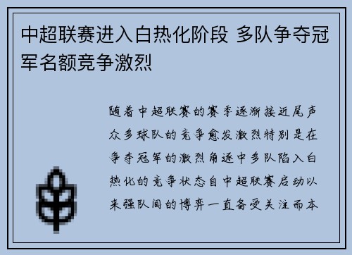 中超联赛进入白热化阶段 多队争夺冠军名额竞争激烈